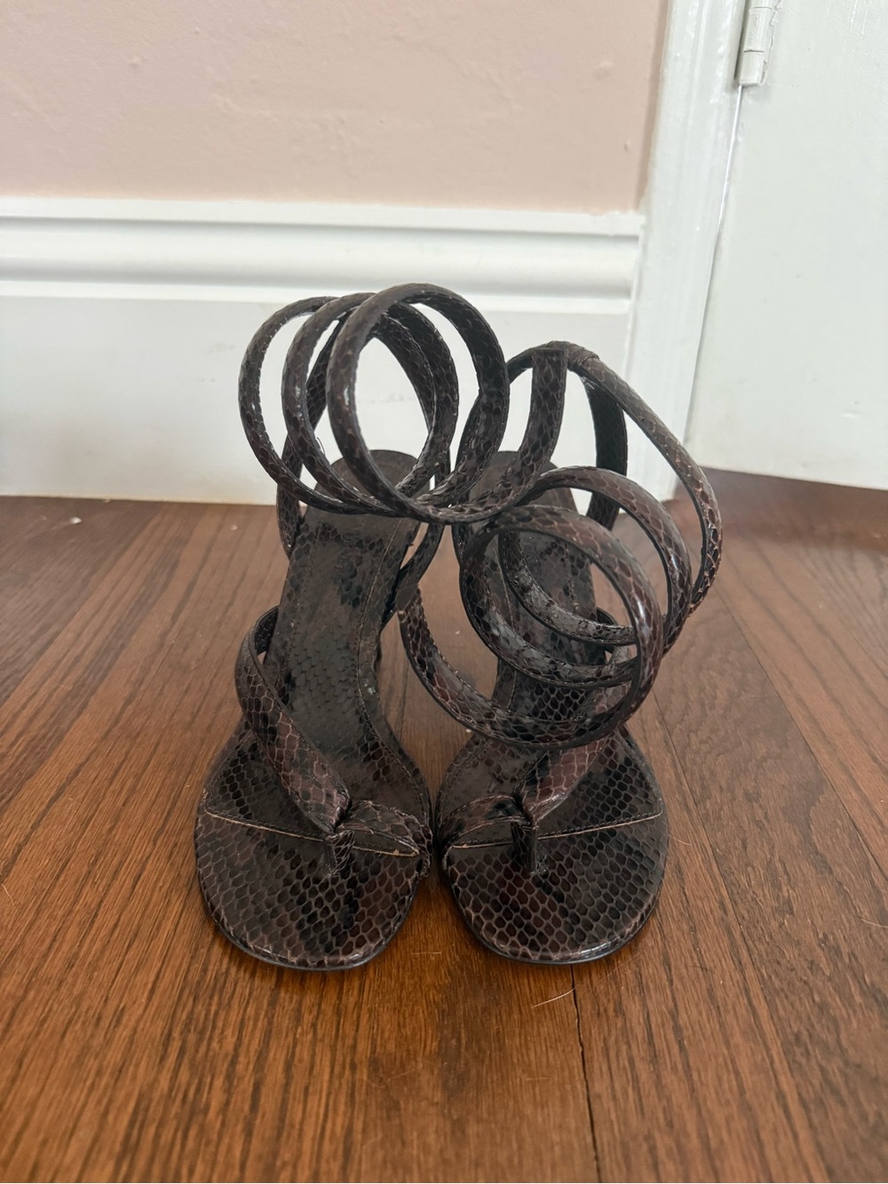 Bottega Veneta Dark Brown Snakeskin Spiral-Strap Heels